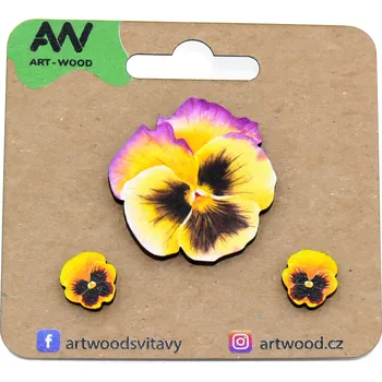 Brož art-wood.cz Dřevěná brož + náušnice - Maceška žlutá