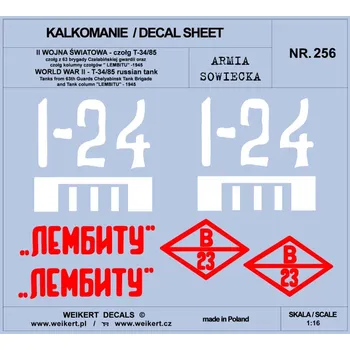 Plastikový model Weikert decals 1/16 Russian tank T-34/85 63th Guard Reg. LEMBITU