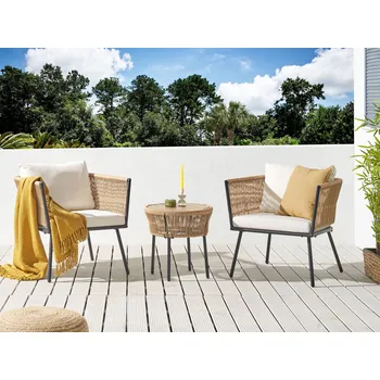 Zahradní sestava Bistro souprava přírodní a bílá umělý ratan snímatelné polštáře konferenční stolek zahradní nábytek Beliani