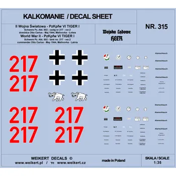 Plastikový model Weikert decals 1/35 TIGER I - Otto Carius '217' Schw. May 1944