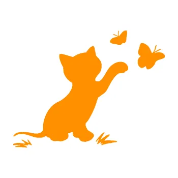 Samolepící dekorace SAMOLEPKA Kočka 037 pravá s motýlky (06 - oranžová) NA AUTO, NÁLEPKA, FÓLIE, POLEP, TUNING, VLASTNÍ TEXT, TISK, AUTOSAMOLEPKY.cz, POLEPY, OBRÁZEK, LOGO, SAMOLEPKY