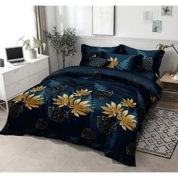 Povlečení Tmavě modré syntetické bavlněné plátno se zlatými listy Rozměr: 160x200 + 2x 70x80