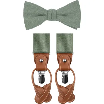 Kravata Bubibubi Šalvějově zelená, eukalyptová motýlková sada Sage green s kšandami