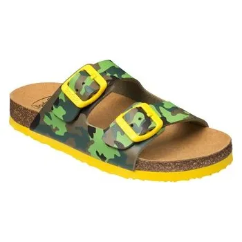 Chlapecké pantofle Scholl AIR BAG KID dětské zdravotní pantofle zelené maskáčové se žlutými přezkami Bioprint stélka