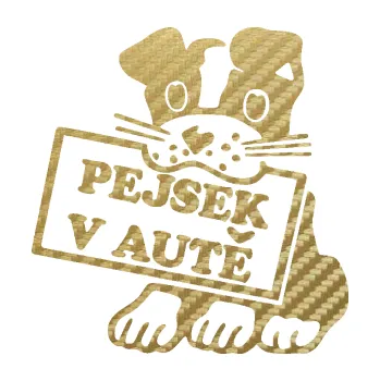 Polep vozidla SAMOLEPKA Pejsek v autě 001 levá (59 - 3D karbon zlatý) NA AUTO, NÁLEPKA, FÓLIE, POLEP, TUNING, VLASTNÍ TEXT, TISK, AUTOSAMOLEPKY.cz, POLEPY, OBRÁZEK, LOGO, SAMOLEPKY