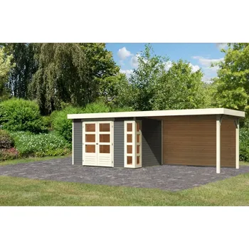 Zahradní domek Dřevěný domek KARIBU KERKO 4 + přístavek 2,8 m včetně zadní stěny Šedý Varianta: dřevěný domek KARIBU KERKO 4 + přístavek 280 cm včetně zadní stěny (9192) šedý LG2978