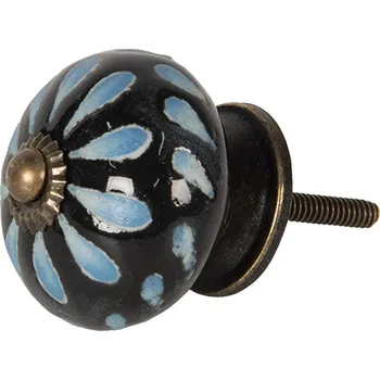 Věšák Clayre & Eef, Holandsko Clayre & Eef - Nábytková úchytka s modrými slzičkami na tmavém podkladě - Ø 4*4 cm