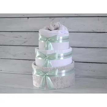 plenkový dort dortNEdort Třípatrový plenkový dort II. zdobený plyšovým medvídkem nebo sloníkem usínáčkem Šedá deka, mint mašle, neutrální náplň 270_MIM39
