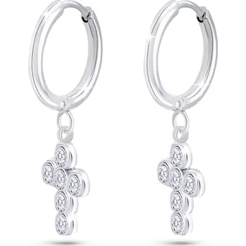 Náušnice Ellami Náušnice z chirurgické oceli kroužek, visací kulatý kříž se zirkony 1002771 Ellami