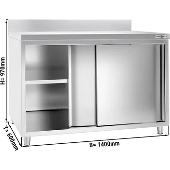 Kuchyňská skříňka G.Gastro Pracovní skříňka PREMIUM z nerezové oceli - 1,4 m - s posuvnými dveřmi a obkladovým panelem