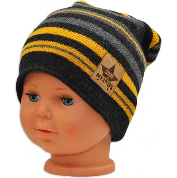 Módní doplněk Podzimní/zimní proužkovaná čepice - grafit/šedá/žlutá, Velikost koj. oblečení 122-128 (6-8r)
