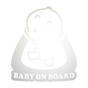 Polep vozidla SAMOLEPKA Baby on board 011 levá s nápisem (82 - odrazková reflexní bílá) NA AUTO, NÁLEPKA, FÓLIE, POLEP, TUNING, VLASTNÍ TEXT, TISK, AUTOSAMOLEPKY.cz, POLEPY, OBRÁZEK, LOGO, SAMOLEPKY