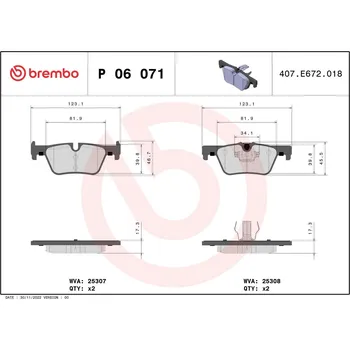 Brzdová destička Sada brzdových destiček, kotoučová brzda BREMBO P 06 071