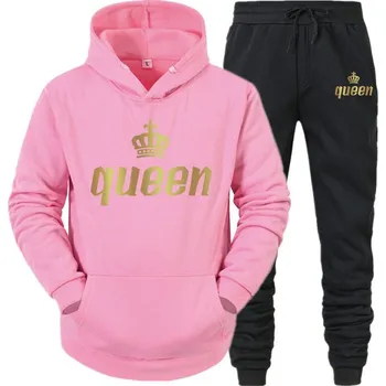 Dámská párová tepláková souprava s potiskem Queen Barevná varianta: Růžová mikina - černé kalhoty, Velikost: L