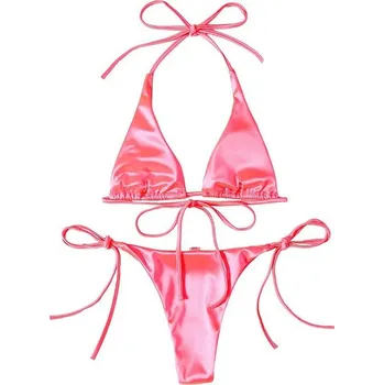 Dámské plavky Dámské plavky dvojdílné saténové "T-string" Barva: růžová B, Velikost: M