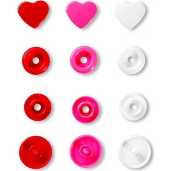 Patentky "Color snaps" 12,4mm - PRYM LOVE tvar srdce barva bílá, růžová, červená