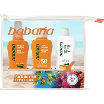 Kosmetická sada Babaria Sun Travel Pack - Mléko na opalování SPF50 100 ml + mléko po opalování 100 ml + sprej na vlasy 100 ml Dárková sada