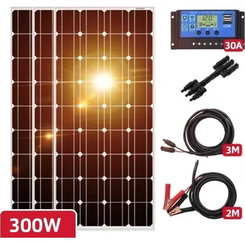 solární panel Solární set, 3x solární panel v hliníkovém rámu 1170 x 540mm (celkem 300Wp), PWM Regulátor 30A, kabel pro připojení solárních panelů, kabel pro připojení k baterii 12 nebo 24V (Solární panel 100Wp, solární regulátor, rámový solární panel)