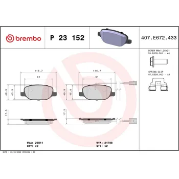 Brzdová destička Sada brzdových destiček, kotoučová brzda BREMBO P 23 152