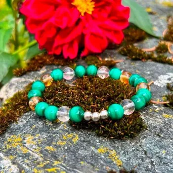 Náramek Minerální náramek malachit, citrín, křišťál - VOLÁNÍ (stříbro Ag925) (Náramek z minerálu malachitu, citrínu a křišťálu)