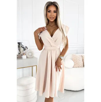 Dámské šaty 348-7 SCARLETT rozšířené šaty s výstřihem a páskem - BEACH S