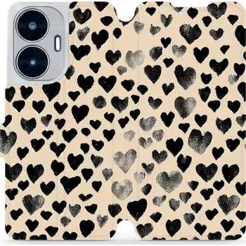 Pouzdro na mobilní telefon Flipové pouzdro Mobiwear - Realme C55 - VA51S Černá srdíčka (Knížkové flip pouzdro, obal, kryt na mobil Realme C55 - VA51S Černá srdíčka, materiál Umělá kůže + TPU - ochrana 360°, stojánek, silikonová vanička, magnetické zavírání)