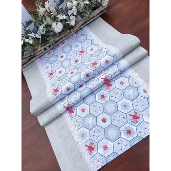 ubrus Běhoun vánoční - vánoční vločky a ptáčci v oktagonech lemované šedou