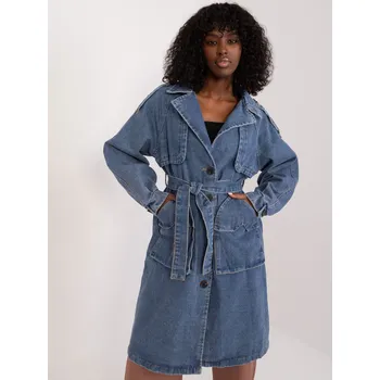 Dámský kabát Džínový kabát s páskem a knoflíky HM-PL-9819-25 tmavě modrý