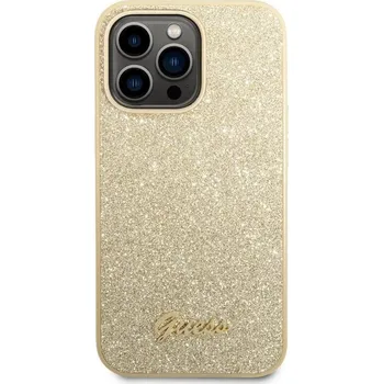 Pouzdro na mobilní telefon Guess PC/TPU Glitter Flakes Metal Logo Zadní Kryt pro iPhone 14 Pro Max Gold Guess prémiový ochranný kryt telefonu s motivem Guess, který nejen že váš telefon perfektně ochrání, ale také svým poveden