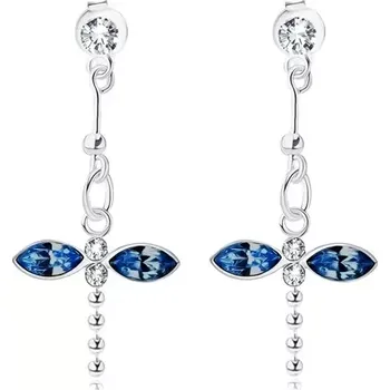 Náušnice Stříbrné 925 náušnice, visící vážka, modré a čiré krystaly Swarovski