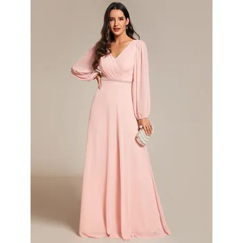 Dámské šaty Šifonové šaty na svatbu s výstřihem do V a dlouhým rukávem Barva: Růžová, Velikost: XL
