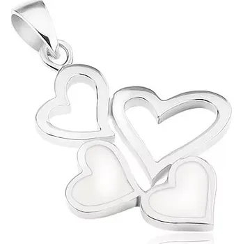 Přívěsek Stříbrný přívěsek 925, dvě kontury srdcí a dvě srdíčka s bílou perletí