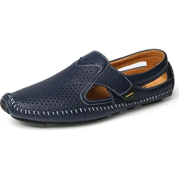 Pánské mokasíny Letní kožené prošívané boty slip-on Barva: Modrá, Velikost: 39