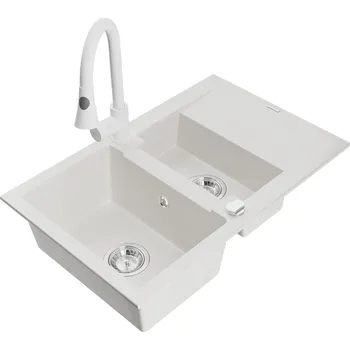 Granitový dřez MEXEN/S - Gaspar granitový dřez 1.5 s odkapávačem včetně baterie Elia, bílá 6507-20-670101-20