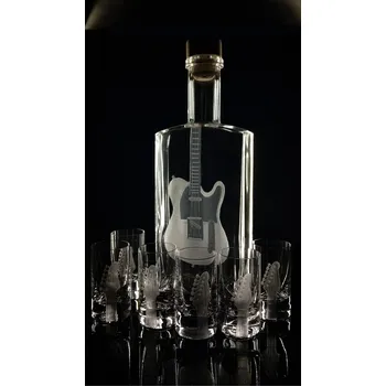 Sklenice lahev na kořalku 0,5l s rytinou el. kytary Teletaster +6ks likér - ručně ryté (broušené) dárková krabička, dárek pro hudebníka