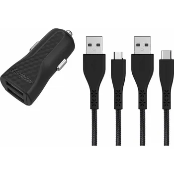 Nabíječka Energizer Nabíječka do auta Energizer s pevným pouzdrem 2USB 2,4A s kabelem Type-C a MicroUSB, černá životnost