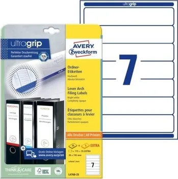 Samolepící etiketa Avery Zweckform L4760-25 Etikety na pořadače 38x192 mm, 210 ks/30 listů A4