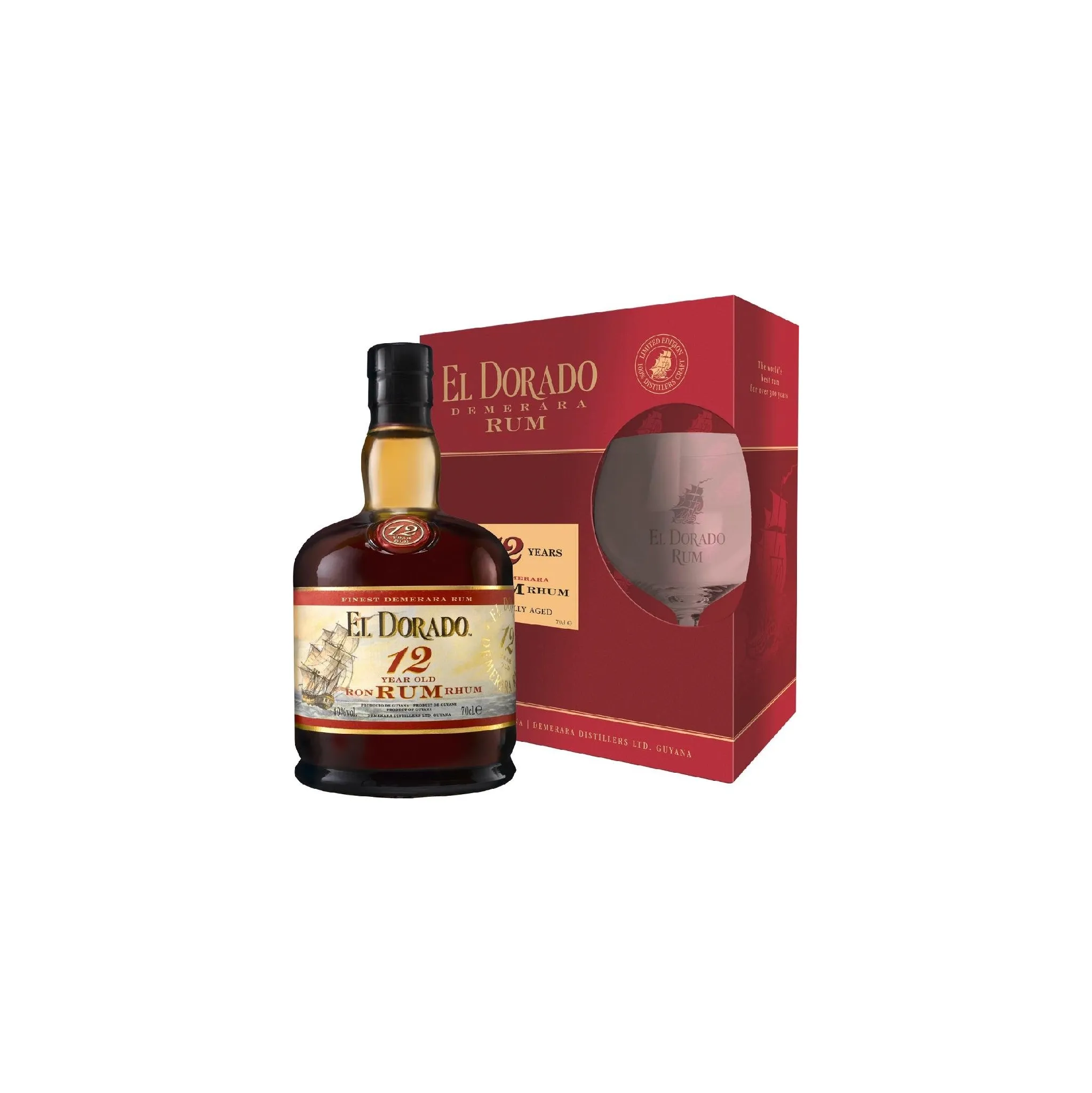 Fotografie 1 - Rum El Dorado Demerara Rum 12 y.o. 40 % 0,7 l dárkové balení + 1x sklo