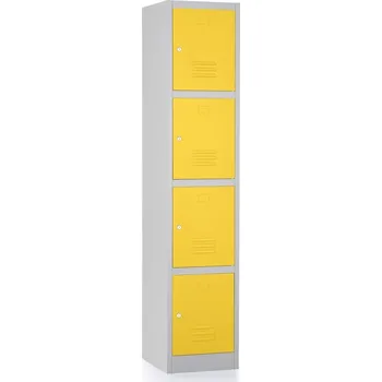 Šatní skříň Kovová šatní skříňka - 4 boxy, 38 x 45 x 185 cm, cylindrický zámek, žlutá - ral 1023