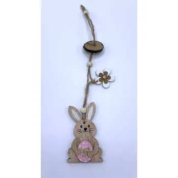 Velikonoční dekorace Závěsná dřevěná dekorace Zajíček s růžovým vajíčkem 30 cm (Velikonoční dřevěný zajíc, jaro, velikonoce)