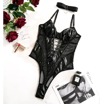 Dámské erotické body Latexové body se siťovinou Barva: Černá, Velikost: S