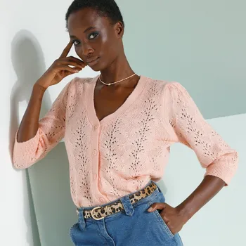 Dámský svetr Ažurový propínací svetr s 3/4 rukávy světle růžová 42/44