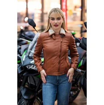 Dámská casual bunda Dámský cognac kožený křivák GWTyla s kožešinovým límcem Velikost L