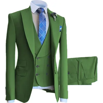Luxusní svatební oblek na svatbu s dvouřadou vestou Barva: Olivová, Velikost: S