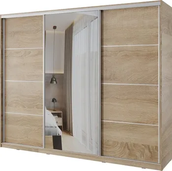 Šatní skříň Šatní skříň NEJBY BARNABA 250 cm s posuvnými dveřmi,zrcadlem,4 šuplíky a 2 šatními tyčemi,dub sonoma +možnost VÝNOSU + PROVĚŘENO zákazníky + vyzvednutí ZDARMA