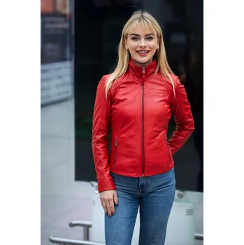 Dámská casual bunda Červená kožená bunda s límcem GWEleen Velikost XL