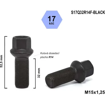 Šroubek na kolo Kolový šroub M15x1,25x32 kulový R14, klíč 17, S17Q32R14F-BLACK, černý, výška 52,5 mm