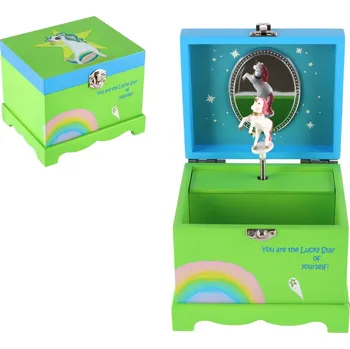 Hudební nástroj pro děti Teddies Skříňka šperkovnice jednorožec hrající na natažení dřevo odklápěcí vrch zelená 12,5x10,5cm v krabici