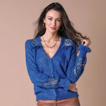 Dámský svetr Svetr na knoflíky, s vyšívaným tylem modrá 38/40