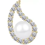 Přívěsek ve žlutém 14K zlatě - asymetrický obrys kapky, čiré zirkony, perla